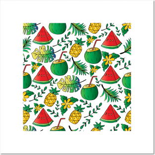 Seamless pattern with pineapple, watermelon and coconut slice. Posters and Art